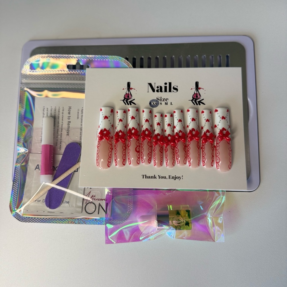 Hearts & Bows Nails | Custom Press On Nails | High Quality Nails | Handmade
